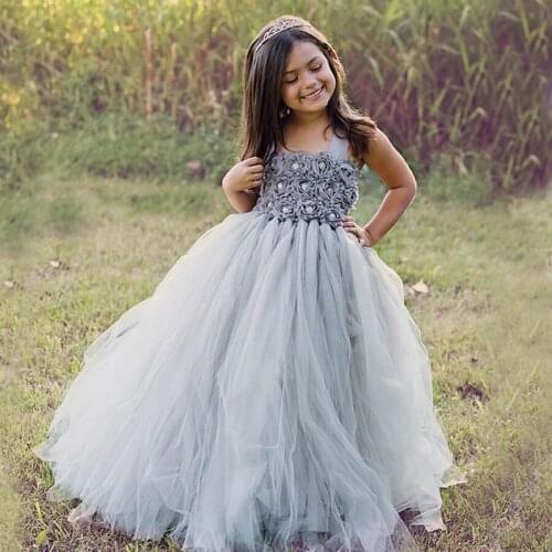 Flower Girl Wedding Tutu Gray Dress Children Fluffy Dresses Pageants Birthday Party Photo Kids Tutu Clothing Ball gown Dress