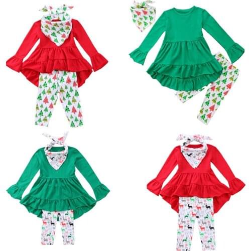 Christmas Clothes For Girl 2pcs Girls Kids Clothes Xmas Tracksuit Top+Pants Outfits Dress Suit Set 2-7Y 4 Colours