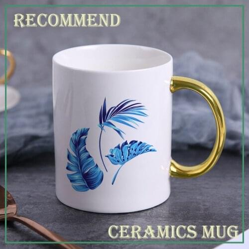 Blue tropical leaves ceramics Mug,gold handle mug,Flower Tea Set Coffee Cup,Water Milk Coffee Drinkware Gift KTZW-010