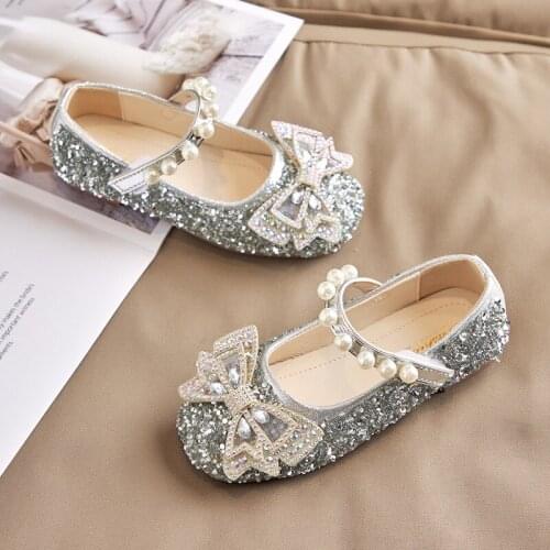 Girls Shoes 2021 New Princess Shoes Soft-soled Baby Single Shoes Butterfly-knot Crystal Shoes Childrens Leather Shoes for Party