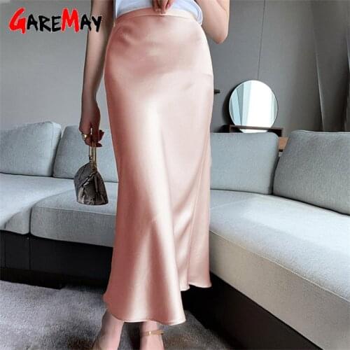 2021 Womens Satin Silk Skirt High Waist Office Elegant Long Basic Solid Korean Style Blue Midi A-line Summer Skirts for Women