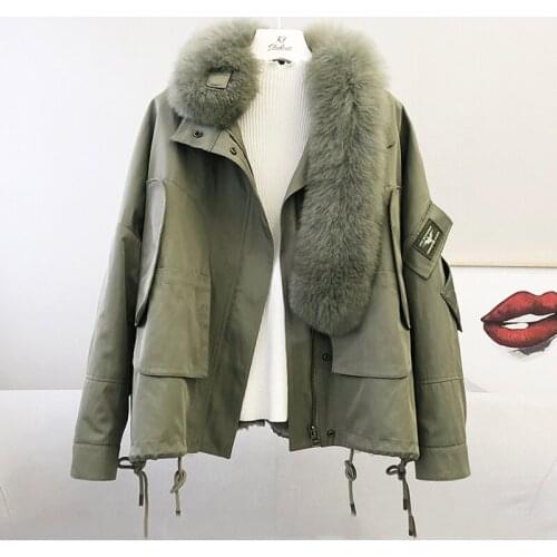 Fur real Parka coat winter women 2021 new arrival natural rex rabbit fur linner oversized fox fur collar thick warm jacket