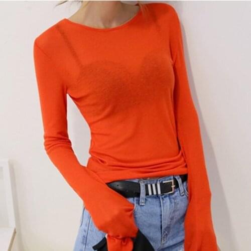 Thin See Through High Quality Plain T Shirt Women Cotton Elastic Basic Long Sleeve Sheer Slim Ladies T-Shirt Korean Style Tops