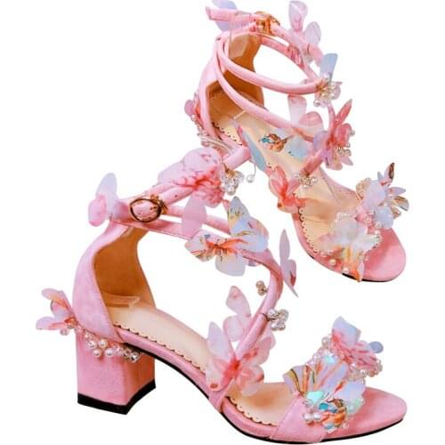 Sweet Pink Pearl Beading Embellished Butterfly Sequins Beauty Sandals Women Crossed Straps Open Toe Female Bling Crystal Shoes