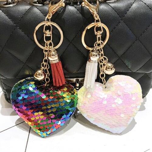6 Colors Women Sequins Heart Bag Keychain With Tassel Cute Glitter Sequins Jewelry Key Chain