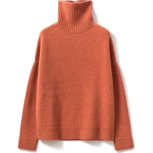 Fall Winter 2019 orange color drop shoulder turtleneck warm cashmere sweater women