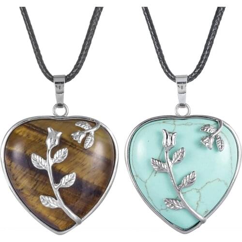 TUMBEELLUWA Sliver-color Flower Wrap Natural Stone Romantic Love Heart Pendant Necklace Reiki Crystal Fashion Jewelry for Women