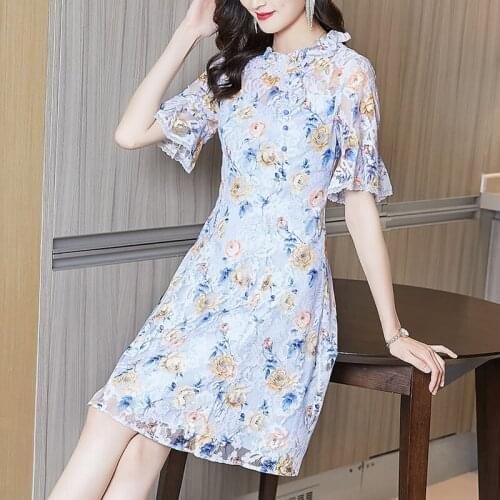 2021 Summer Women French Retro Lace Dress Print Robes Ladies Dresses Vestidos Elegantes Women Clothes Blue 2xl Ruffers