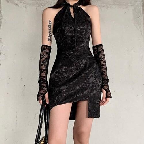 Gothic Halter Black Dresses Women High Waist Emo Alt Clothes Vintage Hollow Out Bodycon Dress Sexy Evening Wear Cheongsam
