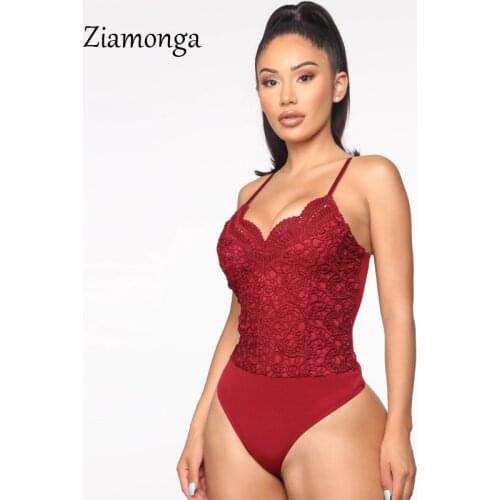 Ziamonga V Neck Lace Bodysuit Women Sexy Bodysuit Sleeveless Bodycon Jumpsuit Fashion Streetwear Club Party Bodysuit 2021 Summer
