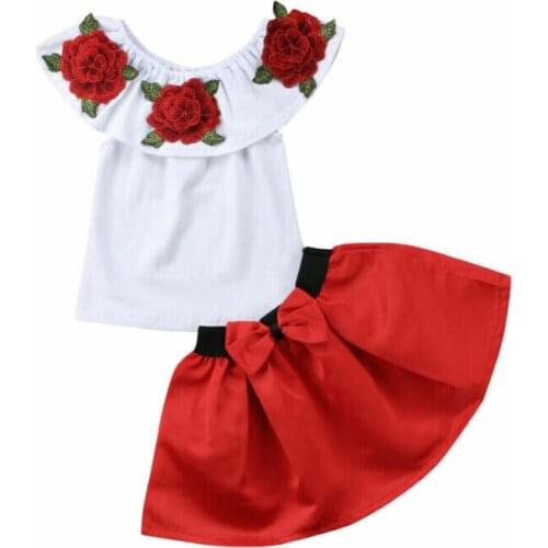 2PCS Boutique Flower Kids Girl Off Shoulder Top Dress Skirt Pants Toddler Baby Girl Summer Cotton Clothes Outfit 2-7Years