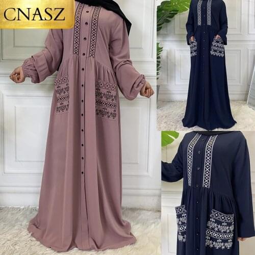 2019 Fashion Muslims Dress Embroidery Have Pocket Abaya Dubai Islamic Long Sleeve Dress Turkish Marocain Worship Service