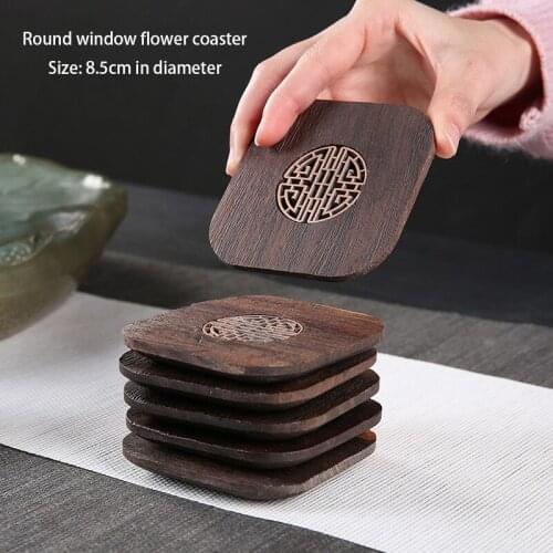 6pcs Kitchen Placemat Table New Chinese Window Pattern Ebony Tea Cup Mat Tea Accessories Scald Proof And Antiskid Saucer Tea Set