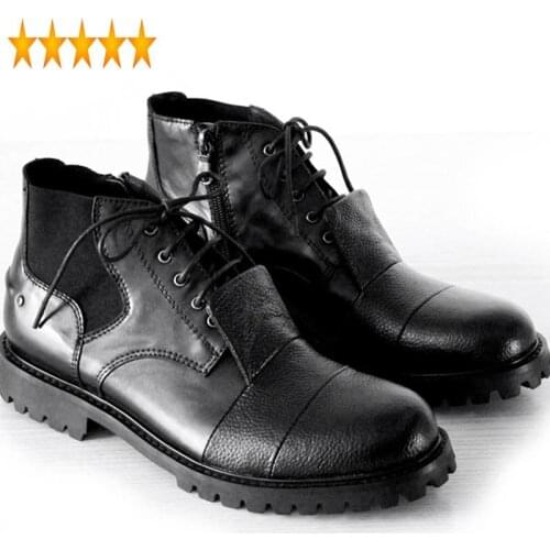 Genuine New 2021 Winter Mens Leather Shoes Lace Up Ankle Boots Black Booties Man Thick Platform Male Social Shoe Heel 3CM