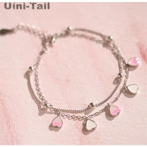 Uini-Tail hot new 925 sterling silver pink heart-shaped double-layer bracelet fashion trend sweet cherry girl pink jewelry ED483