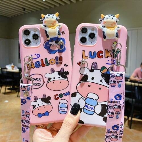 Milk Cow TPU Case Soft Phone Strap Rope Case For iPhone 12 11 Pro Xs Max Xs XR 6 7 8Plus SE 2020 Case