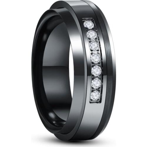 8mm Inlaid Zircon Lassa Middle Polished Black Tungsten Carbide Ring Mens Fashion Wedding Jewelry Best Gift