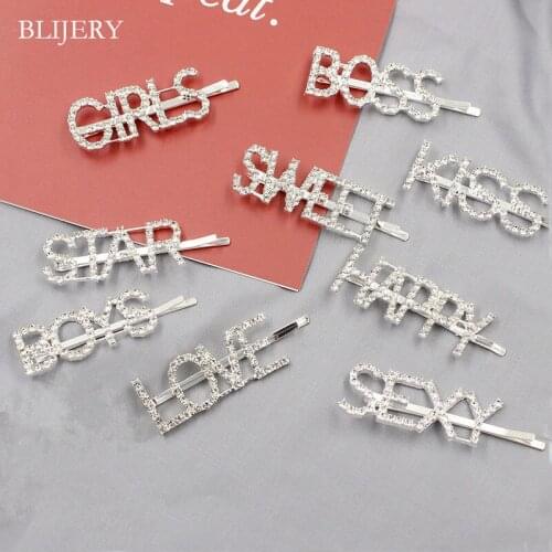 BLIJERY Bling Rhinestones Letter Hairpins Headwear for Women Girls Hair Clips Barrette Hair Pins Prom Wedding Hair Accessories