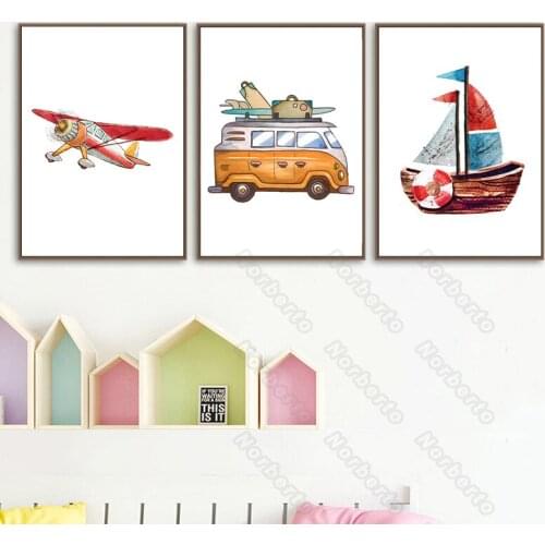 Cartoon Watercolor Pictures Canvas Painting Wall Poster Airplane Camping Vechicles and Ship for Home Rooms Nursery Room Decorati