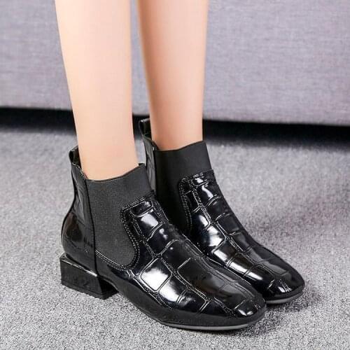 New Womens Boots Mid Heel Martin Boots Autumn Winter Casual Shoes Square Head Fashion Ankle Short Boots Patent Leather Boots