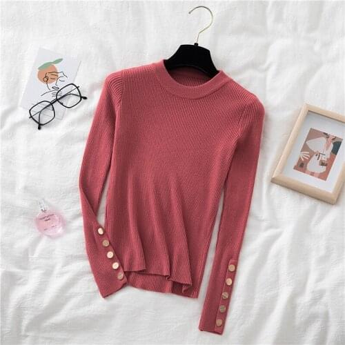2021 Autumn Knitted Pullovers For Women O Neck Solid Buttons Sweaters Long Sleeve Skinny Knitwear Render Tops S087