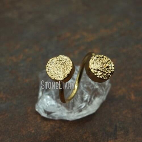 RM5566 5Pcs Druzy Crystal Ring Double Gold Color Round Shape Ring Adjustable