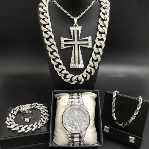 Luxury Men Silver Color Watch & Neckalce & Braclete & Ring & Earrings Combo Ice Out Cuban Crystal Miami Neckalce Hip Hop For Men