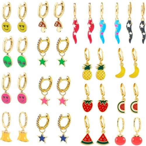 Hoop Earrings Luxury Enamel Chili Smily Face Mushroom Star Pendnat Circel Earring For Women Girls Christmas Gift orecchini donna