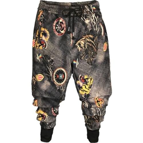 Mens Thicken Flower Pants Tide Brand Personality Sports Leisure Pants Korean Youth Slim Harem Pants Hip Hop Streetwear