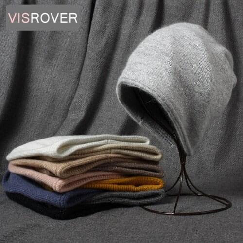 VISROVER 10 color unisex Autumn winter solid color rabbit cashmere beanies with pompom New cashmere man woman Warm wool skullies