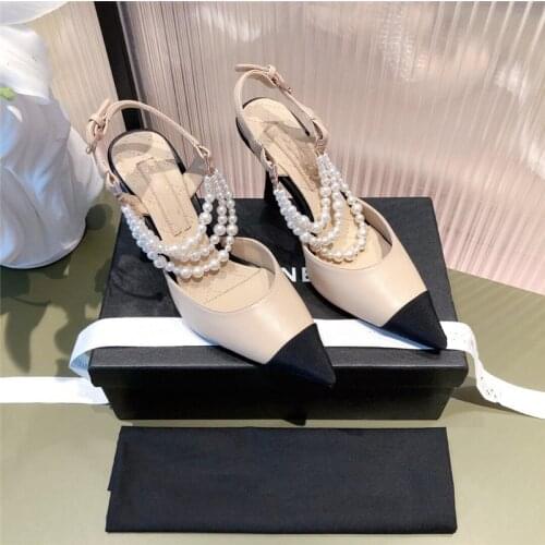 2021 Summer Elegant Pearls Chains Women Sandals Designer Brand Pointed Toe High Heels Pumps Shoes Lady Party Sandals Shoes