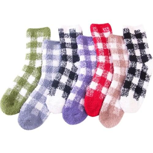 Coral Velvet Cotton Thicken Cashmere Socks Women Lattice Fluffy Funny Ladies Short Sock Square Fashion Warm Casual Harajuku Sox