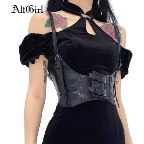AltGirl Gothic Pu Corset Vest Women Harajuku Streetwear Vintage Buckles Strapless Cropped Y2k Emo Alt Punk Black Cummerbunds