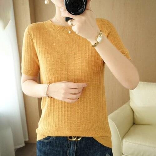 Zocept Womens Casual Solid Color Short-Sleeved Tops Ladies Wool Blended Knitted Striped O-Neck Sweaters T-Shirts Thin Pullovers