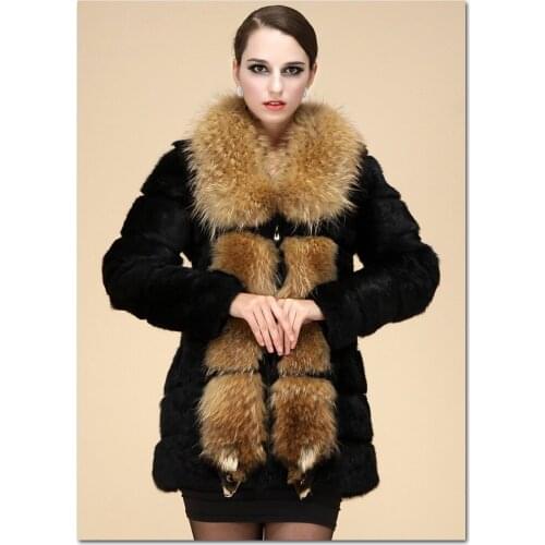 Free Shipping New genuine real natural rabbit Fur Coat with big raccoon fur collar Women Long thick fashion Coat big size 8XL