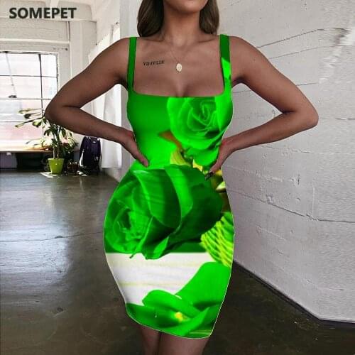SOMEPET Rose Flower Dress Women Green Vestido Sexy Creativity Bodycon Dress Novel Halter Sleeveless Womens Clothing Mini Evening