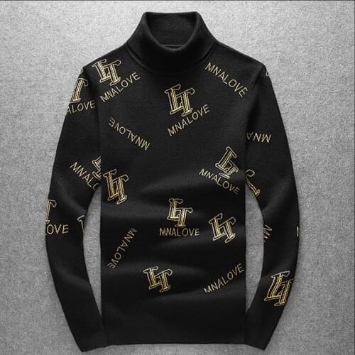 Winter Warm New Fashion Mens Turtleneck Sweaters Print Strips Knitted Pullovers Men Casual Sweaters Autumn Slim Fit Knittedwear