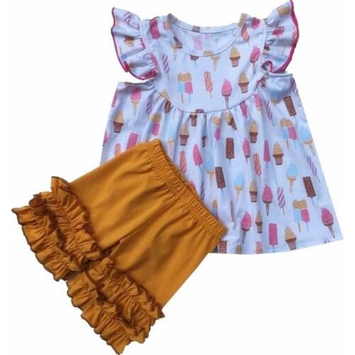 2020 new hot girl baby clothes childrens suit sweet ice cream printing pattern round neck short sleeve pants girl set girl 2pcs