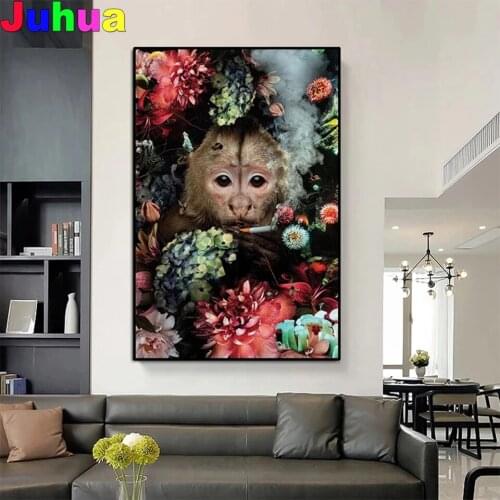 Funny Smoking Monkey in flower full drill 5d Diy Diamond Painting animal Diamond Embroidery diamond Stitch Mosaic decor