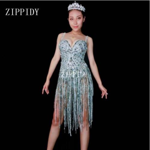 Sparkly Rhinestones Silver Fringes Bodysuit Womens Birthday Celebrate Mesh Outfit Nightclub Party DJ Dance Sexy Singer Catsuit