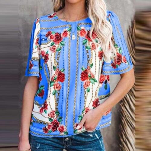 2021 New Women Flower Print Blouses Top Elegant O-Neck Short Sleeve Ladies Shirt Summer Vintage Casual Loose Female Blouse Blusa