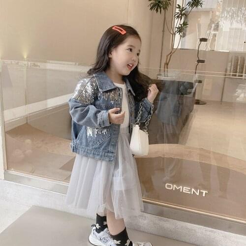 2021 autumn new Korean childrens coat personality girl Sequin denim fashion Korean leisure