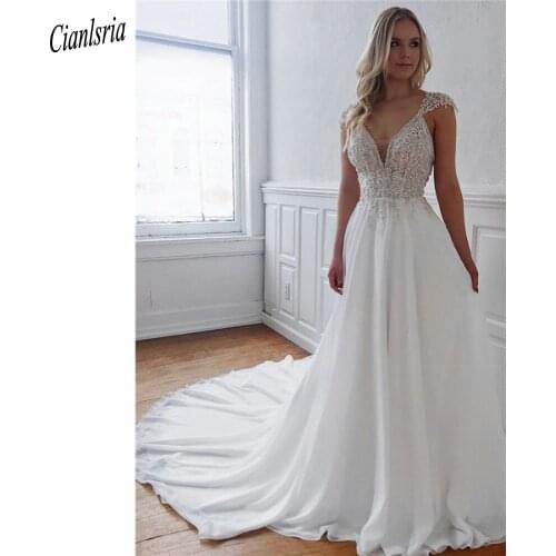 Elegant V-Neck Open Back Beading Straps A-Line Wedding Dress Cap Sleeve Appliques Lace Bridal Gown Vestido de Noiva