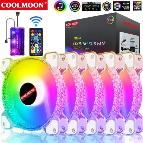 Coolmoon 120mm RGB Cooling Fan Mute PC Computer Case Gamer Cabinet Cooler with IR Remote Heat sink PWM 6PIN Radiator Aura Sync