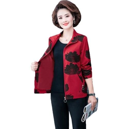 Middle-Aged Elderly Mothers Coat Spring Autumn Womens Short Jacket Oversized Long Sleeve Printed Casual Womens Tops 5XL W409
