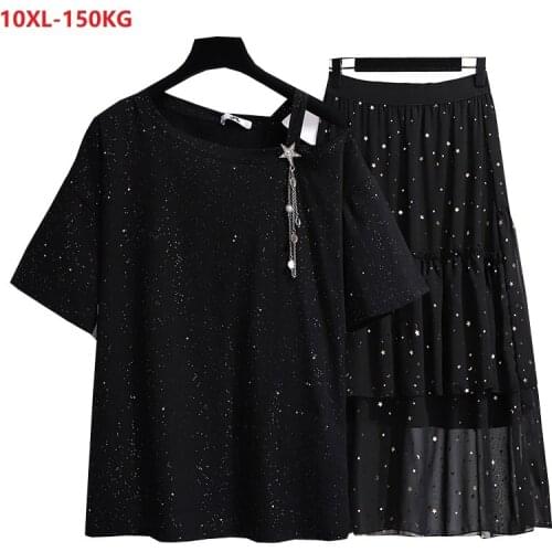 Summer plus size tshirt and skirts set women diamonds tees dot 6XL 8XL 10XL fashion oversize loose tops 54 56 58 60 62 66 150KG