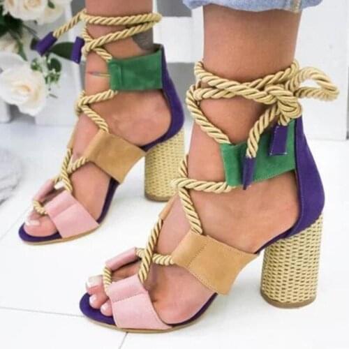 Summer European and American Fashion New Color Matching Personalized Lace Up Thick Heel High Heel Womens Large Sandals