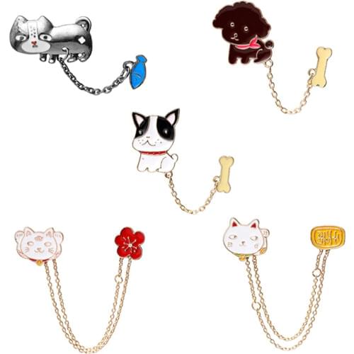 Cute Cat Dog Head Enamel Pins Flower Lovely Dogss Bone Badge Brooches Denim Jackets Lapel Pin Cartoon Animal Jewelry Gift