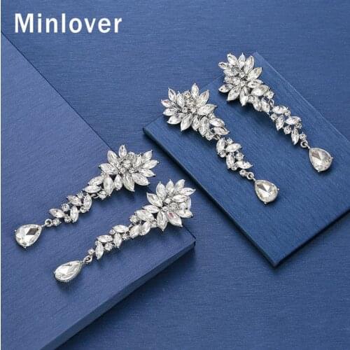 Minlover Silver Color Horse Eye Rhinestone Clip Earrings for Women Teardrop Bridal Long Dangle Earrings Wedding Jewelry MEH1566