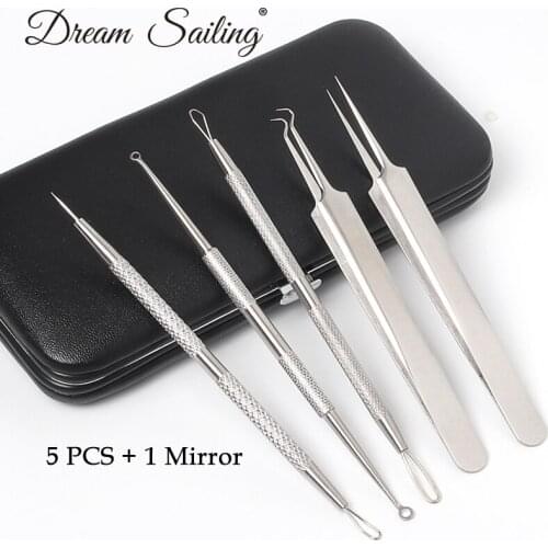 5 pcs/set with Mirror Stainless Steel Acne Remover Treatment Needle Tweezers Blackhead Comedone Pimple Vacuum Extractor Kit